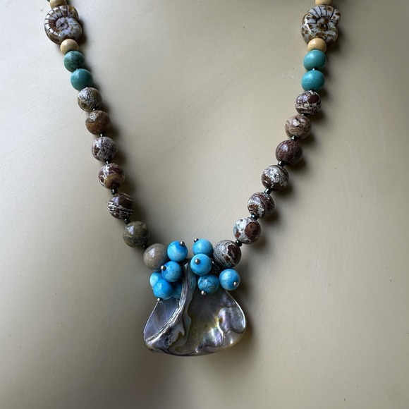VTG Artisan Pendant Necklace 22" Onyx Turquoise MOP Shell Ammonite Hook Clasp - Picture 1 of 13